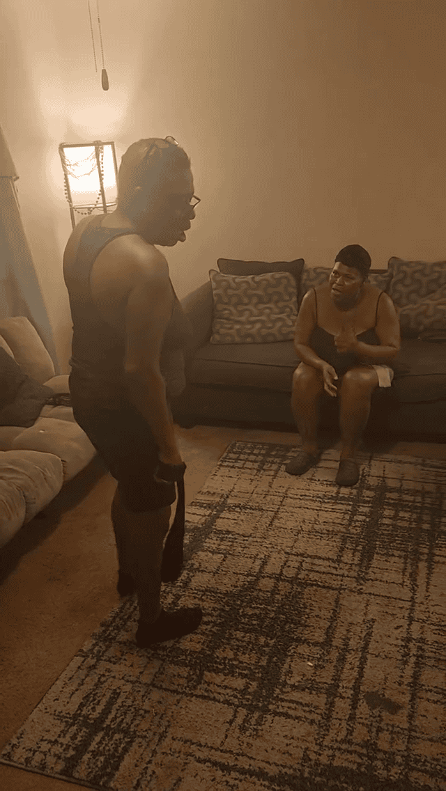 Granny gets a hit with belt in the living room preview